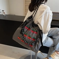Grote grijze canvas shopper met kersenborduursel en een geweven schouderband - Grijs
