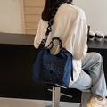 Bolso tote vintage azul de tela con estampado étnico para mujer con gran capacidad - Azul marino