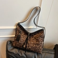 Borsa tote leopardata retrò con tracolla in pelle nera per il pendolarismo quotidiano - Marrone