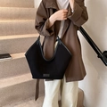 Minimalist large capacity black tote bag with leather trim and U-shape top opening - Black