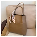 Brown lychee leather bucket tote bag with geometric printed silk scarf on handle - Khaki