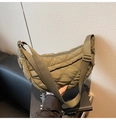 Army green quilted crescent shoulder bag with adjustable strap and fluffy texture - Green