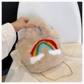 Beige Plüsch-Handtasche mit Regenbogen-Motiv, Wolken-Muster und goldener Kette - Khaki