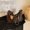 Dark brown retro crossbody hobo bag in glossy leather with a cute bear plush charm - Coffee with Pendant