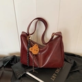 Retro dark red semi-moon shoulder bag in premium leather with cute plush bear charm - Wine Red With Pendant