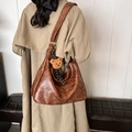 Vintage brown hobo shoulder bag in premium faux leather with a cute plush bear charm - Brown with Pendant