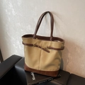 Grande borsa tote bicolore kaki e marrone con fibbia a morsetto dorata elegante - Cachi