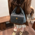 Vintage dark grey hobo bag in soft matte leather with a gold N buckle detail - Black