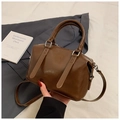 Dark brown polished PU Boston bag with dual handles and detachable shoulder strap - Brown No Pendant