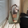 Olive green corduroy hobo shoulder bag with cute cartoon dog embroidery and brown leather trim - Green