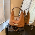 Brown corduroy tote bag with dachshund embroidery and stylish brown leather handles - Brown