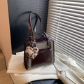 Contrast color tote bag in dark brown patent leather and tweed with plush heart charm - Coffee with Pendant