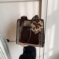 Retro plaid tote bag with brown leather trim and a leopard plush heart charm - Houndstooth Coffee with Pendant