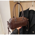 Vintage brown Boston bag in glossy patent leather with long top handles for women - Brown