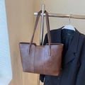 Retro dark brown large tote bag with contrast stitching and vintage PU leather texture - Coffee No Charm