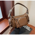 Glossy brown retro shoulder bag with multi-zipper pockets and adjustable wide strap - Brown
