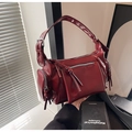 Retro burgundy shoulder bag with multiple zippers and glossy vintage finish for women - Red