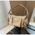 Sac bandoulière rétro kaki clair en similicuir brillant avec design multi-poches chic - Kaki