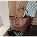 Minimalist large brown tote bag with leather texture and front zipper pocket detail - Coffee