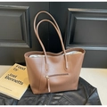 Minimalist brown leather tote bag with exterior zipper pocket and slim shoulder straps - Khaki