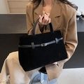 Elegant black suede tote bag with leather strap and silver buckle for women - Black