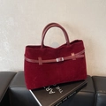 Retro burgundy velvet tote bag with leather handles and metallic buckle detail - Burgundy