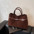 Vintage dark brown suede tote bag with leather belt detail and silver buckle - Coffee
