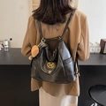 Retro large capacity black leather backpack with gold M logo and bear pendant - With Pendant / Black
