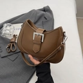 Brown faux leather crescent underarm bag with silver buckle and adjustable shoulder strap - Khaki