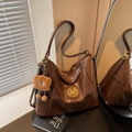 Retro dark brown large faux leather tote bag with gold M logo and fuzzy charm - With Pendant / Brown