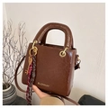 Nahaufnahme braune Vintage-Handtasche mit goldenem Logo und kariertem Seidenschal - Mit Anhänger / Braun