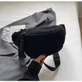 Solid black fleece crossbody bag with adjustable strap and textured plush finish - Black