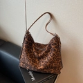Leopard print hobo bag with brown leather strap and silver chain detail for women - Brown Leopard