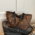 Large leopard print tote bag with black slim shoulder straps for daily casual use - Brown