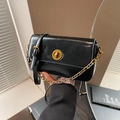 Retro black leather square crossbody bag with gold chain strap and circular lock - Black