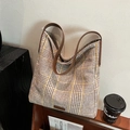 Grote shopper met houndstooth-patroon en donkerbruine lederen handvaten voor dames - Khaki