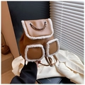 Détail d'un sac à dos marron d'automne avec garniture en fausse fourrure et poignée en chaîne - Marron