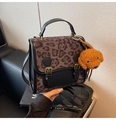 Retro large capacity shoulder bag with leopard print patchwork and plush puppy charm - Black With Pendant