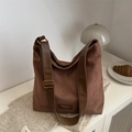Retro dark brown suede bucket bag with adjustable wide shoulder strap and gold hardware - Brown