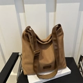 Brown large capacity tote bag with adjustable wide strap and vintage leather logo tag - Brown