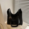 Retro large capacity black tote bag in faux suede with adjustable gold buckle strap - Black