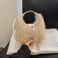 Elegant cream-white faux fur crescent handbag with leather handle and metal clasp closure - Khaki