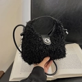Mini black plush handbag with leather handle and silver turn-lock buckle - Black