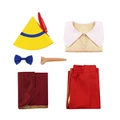 Sechsteiliges Pinocchio-Cosplay-Kostümset mit gelbem Hut, roter Weste und Nasenprothese - Kinder 150 / Vollständiges Kostümset (Mit Nasen-Requisite)