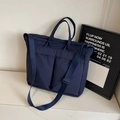 Dark blue large capacity nylon tote bag with dual front pockets and adjustable strap - Blue