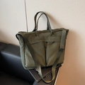 Olive green quilted nylon tote bag with large pockets and adjustable shoulder strap - Green