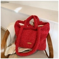 Bolso tote rojo de felpa suave con asas dobles y textura de borreguito acogedor - Rojo