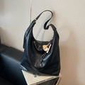Minimalist black faux leather tote bag with vintage baseball theme charm decoration - Black with Pendant