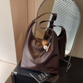 Deep brown large capacity faux leather hobo bag with a sporty baseball charm - Coffee with Pendant