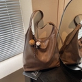 Retro deep brown leather hobo shoulder bag with a cute baseball charm accessory - Brown with Pendant